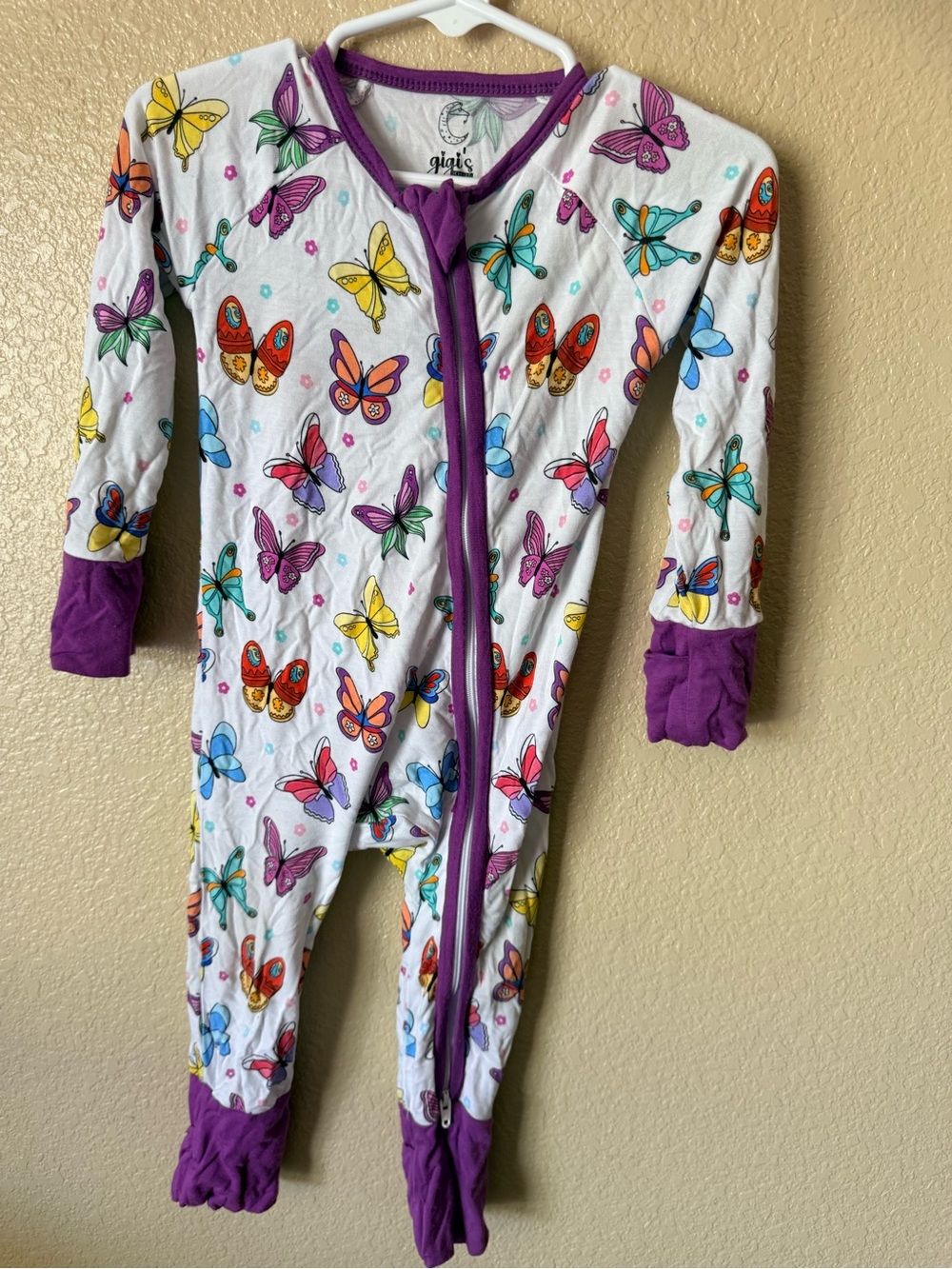 Bamboo Kids Butterfly Print One-Piece Pajamas - Purple Trim